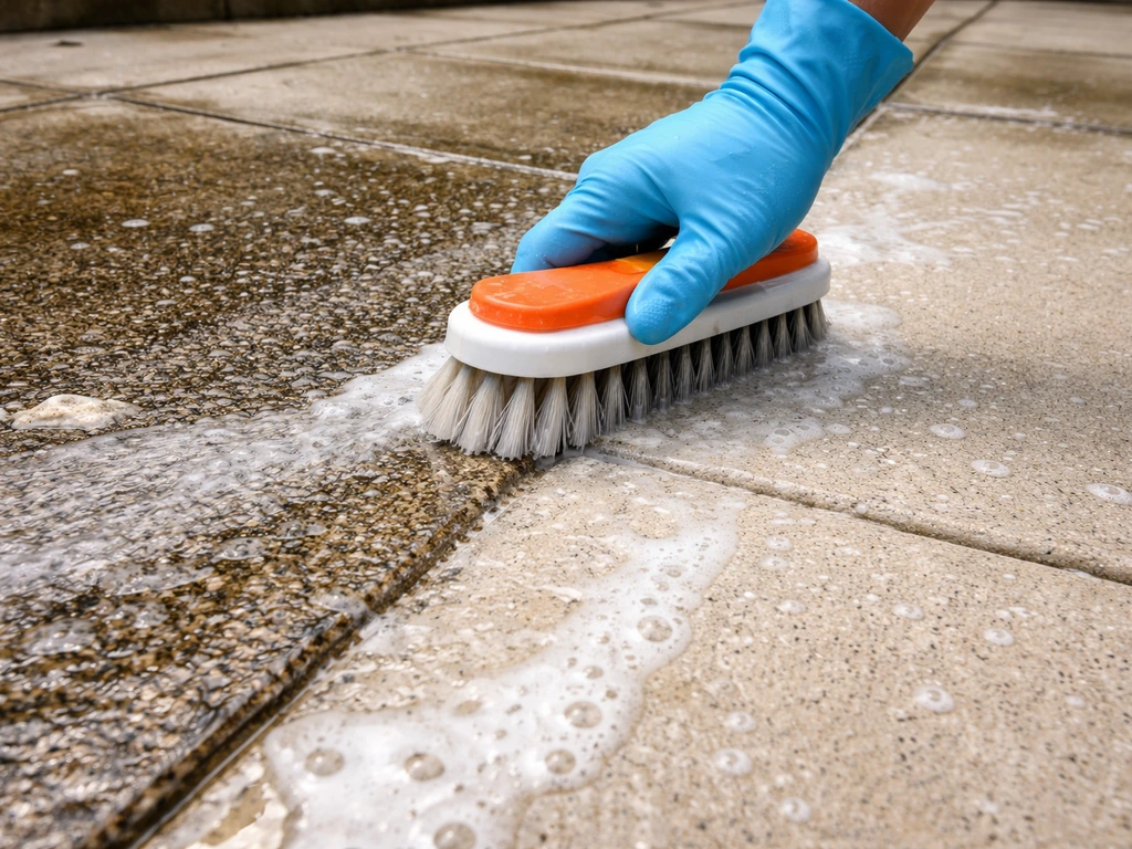 Stiff brush scrubbing a stained concrete patio slab, with a freshly cleaned lighter area beside it.