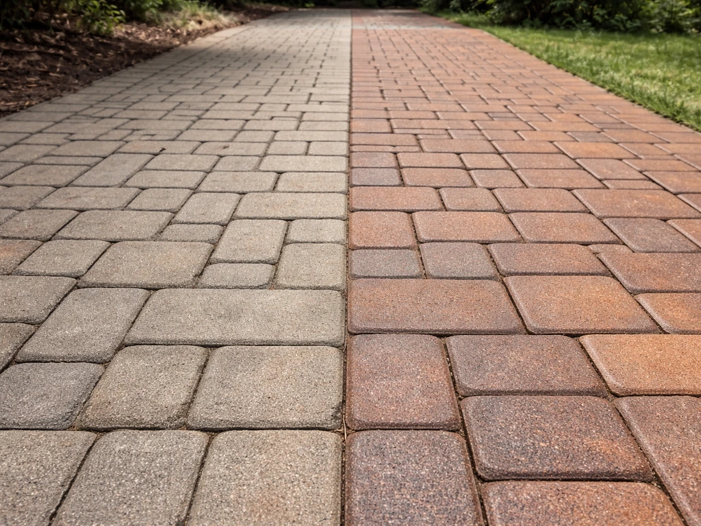 Side-by-side view of sun-faded pavers versus freshly deep-cleaned, more vibrant pavers.