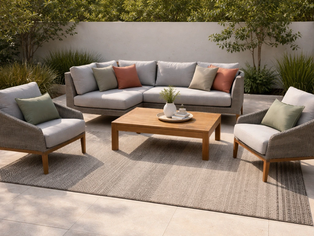 Styled patio seating zone with scaled outdoor sofa, layered rug, and coordinated cushions in warm tones.