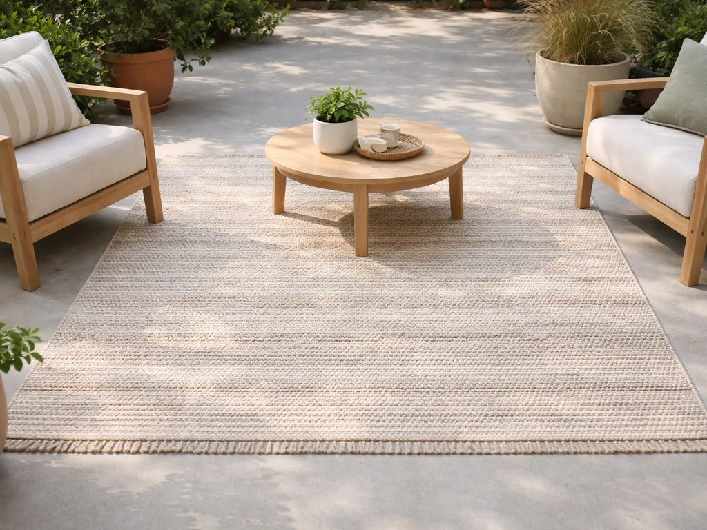 Centered outdoor rug on a patio, defining the seating area with textured color and soft natural light.