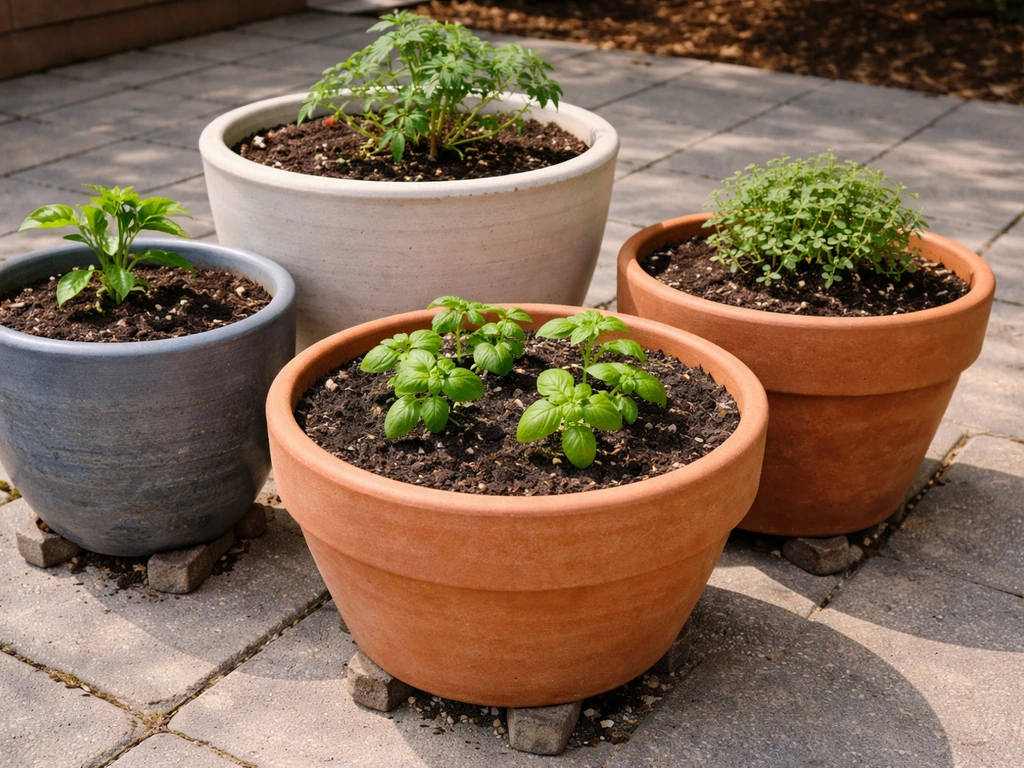 Multiple planters on gravel with pot feet and fresh greenery planted in visible soil.