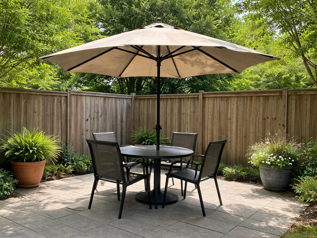 Back patio seating fully covered by a deployed patio umbrella, calm sunny outdoor atmosphere