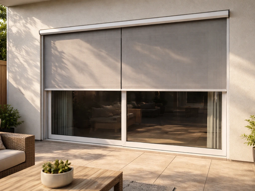 Sunny patio with installed DIY roller blinds providing privacy and soft light.