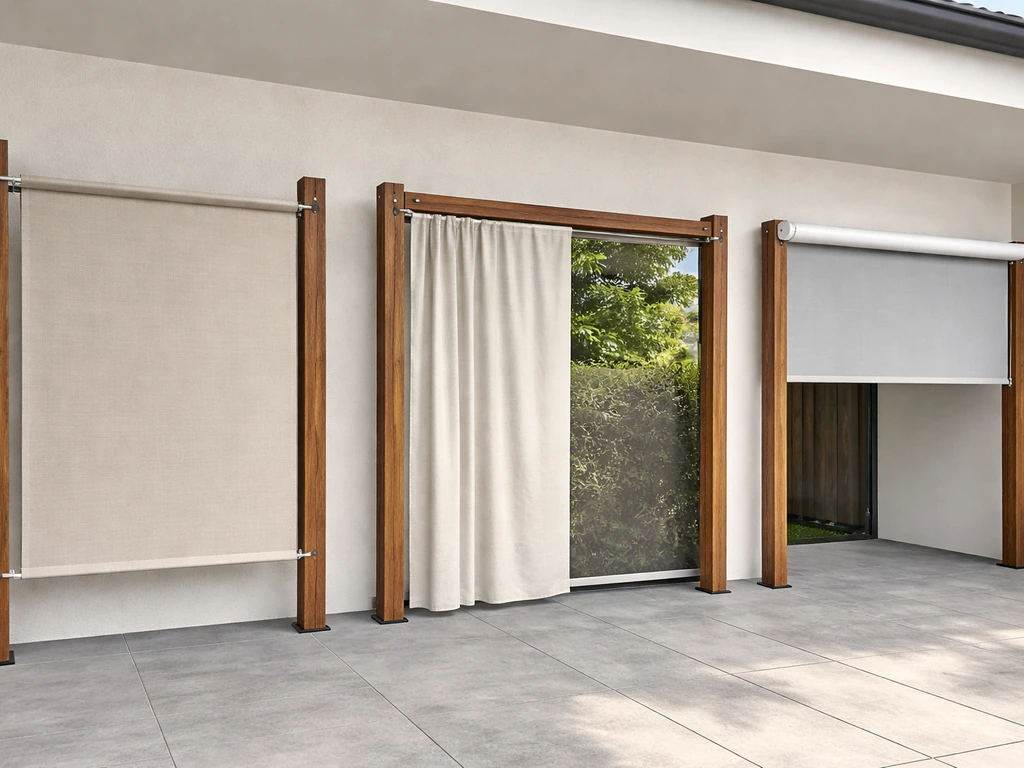 Three simple patio blind mounting setups on posts: fixed panel, sliding/privacy panel, and roller-style shade.