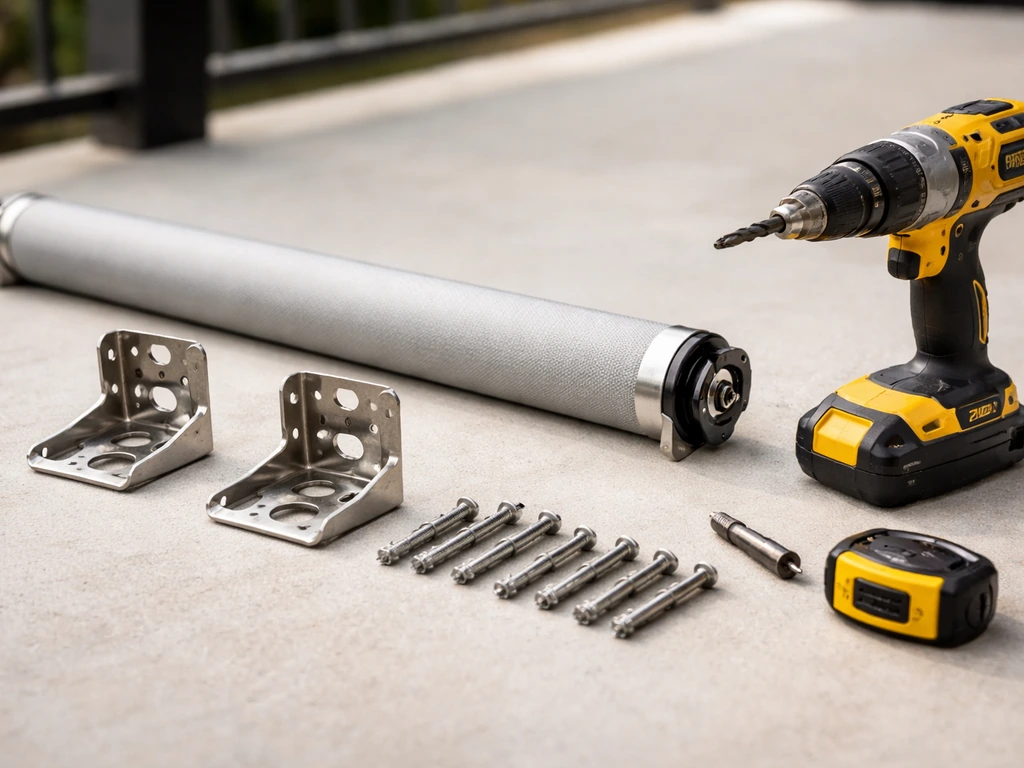 Close-up of outdoor roller shade hardware, brackets, and mounting tools on a patio surface