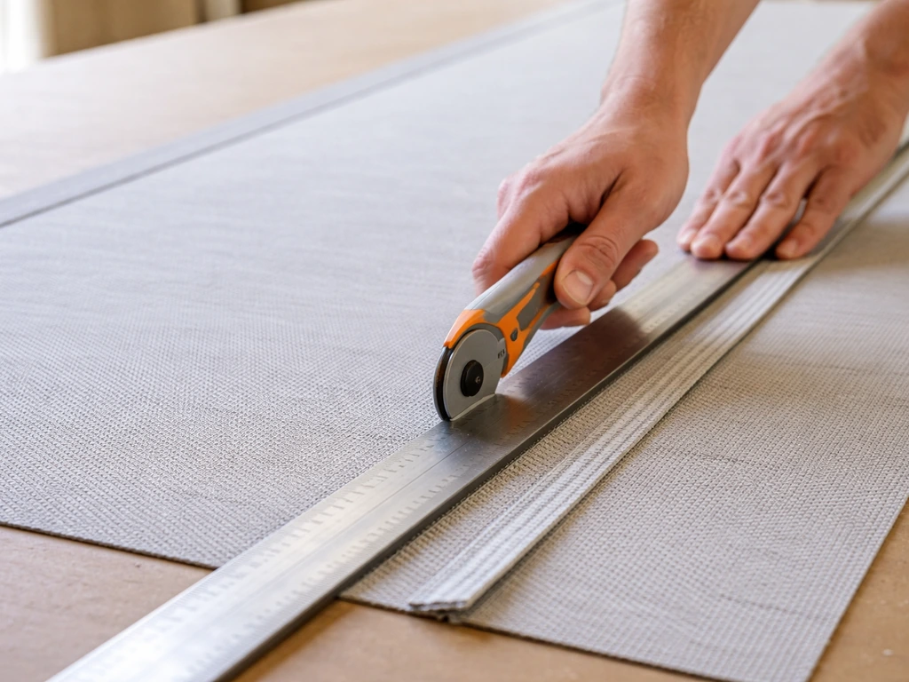Close-up of patio blind fabric being trimmed with a rotary cutter on a straight edge.