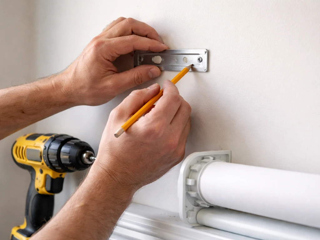 Hands holding a mounting bracket to mark drill points, with a roller tube partially inserted nearby.