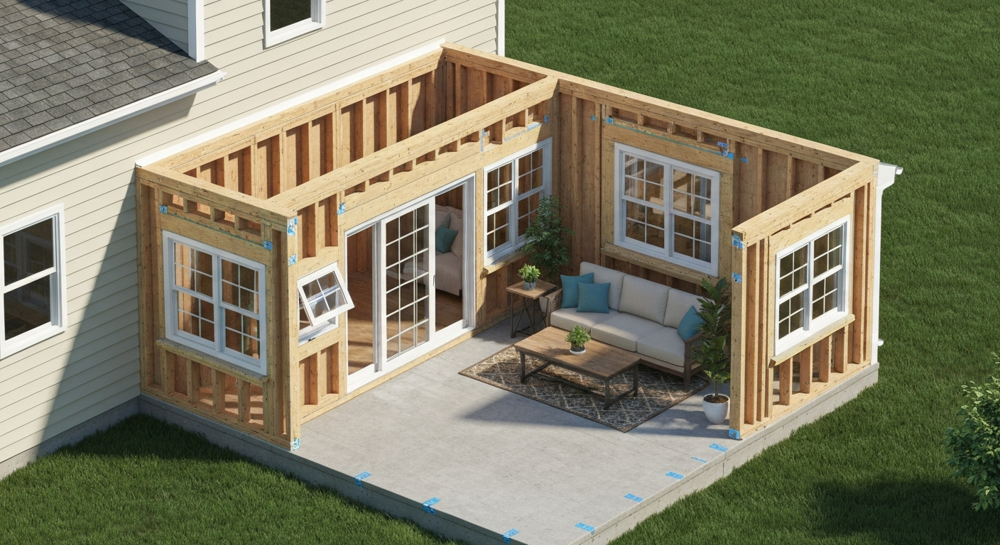 Isometric photorealistic rendering of a patio enclosed with windows showing roof attachment, stud framing, installed double-pane windows, and furnished interior.