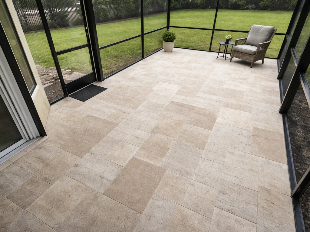 Top-down view of an empty screened patio with door swing and clear walking paths mapped out by furniture placement