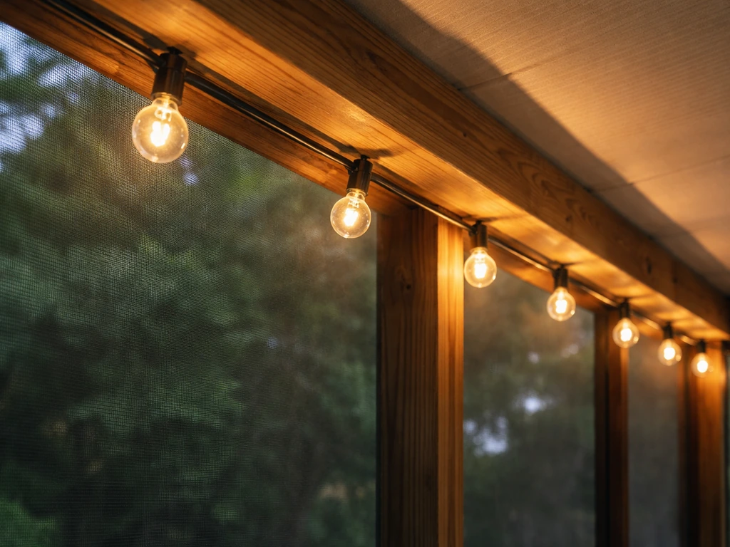 Warm string lights glow along ceiling framing inside a screened patio.