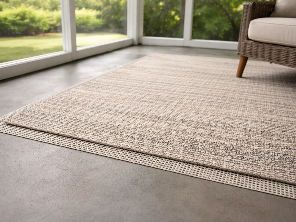 Outdoor rug over screened patio concrete floor with breathable rug pad showing a seating zone.