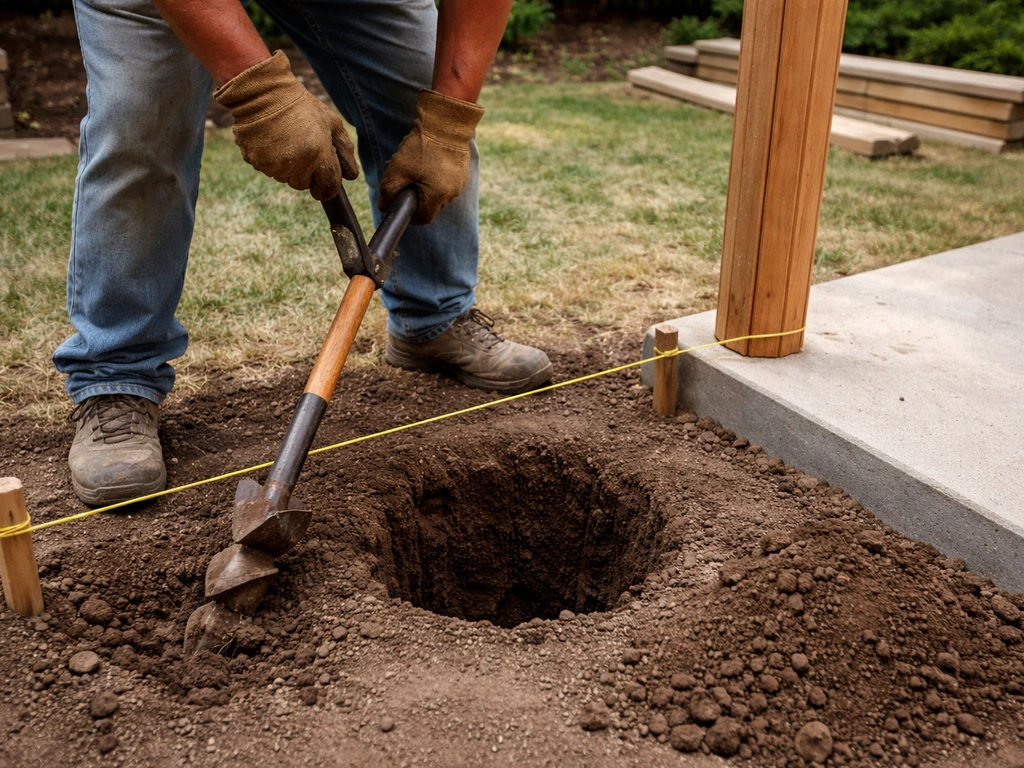 Hands near a string line and stakes marking a pergola post hole as an auger digs the footing.