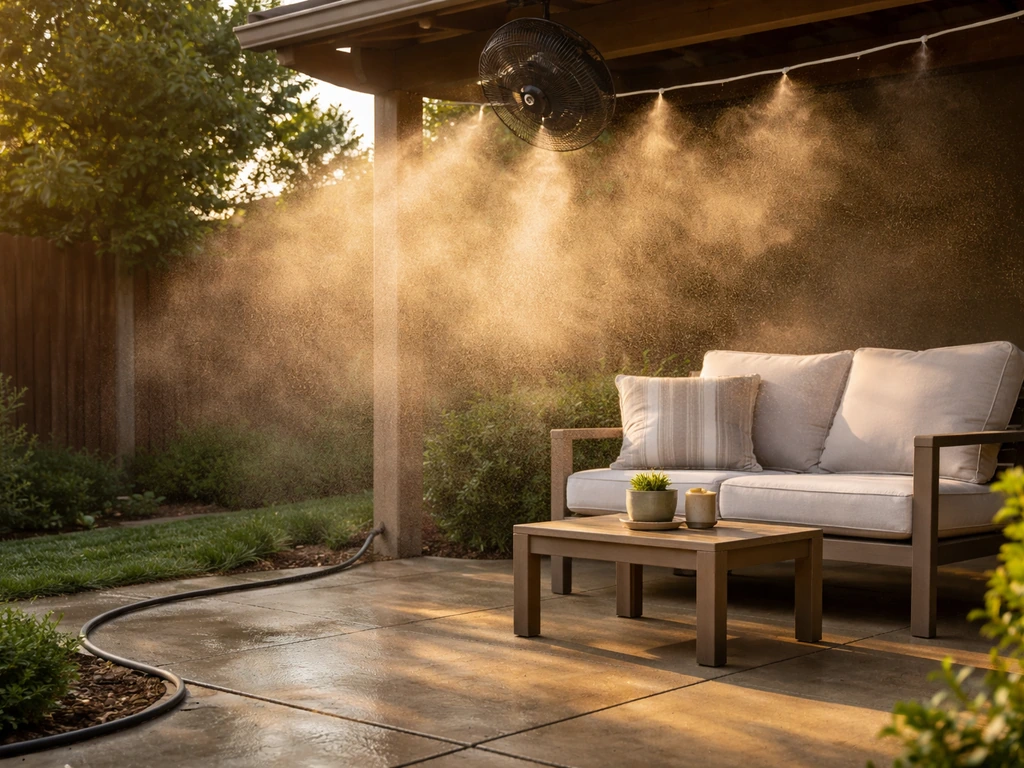 Backyard patio with a fine mist curtain from hidden nozzles near the seating area, glowing in natural light.