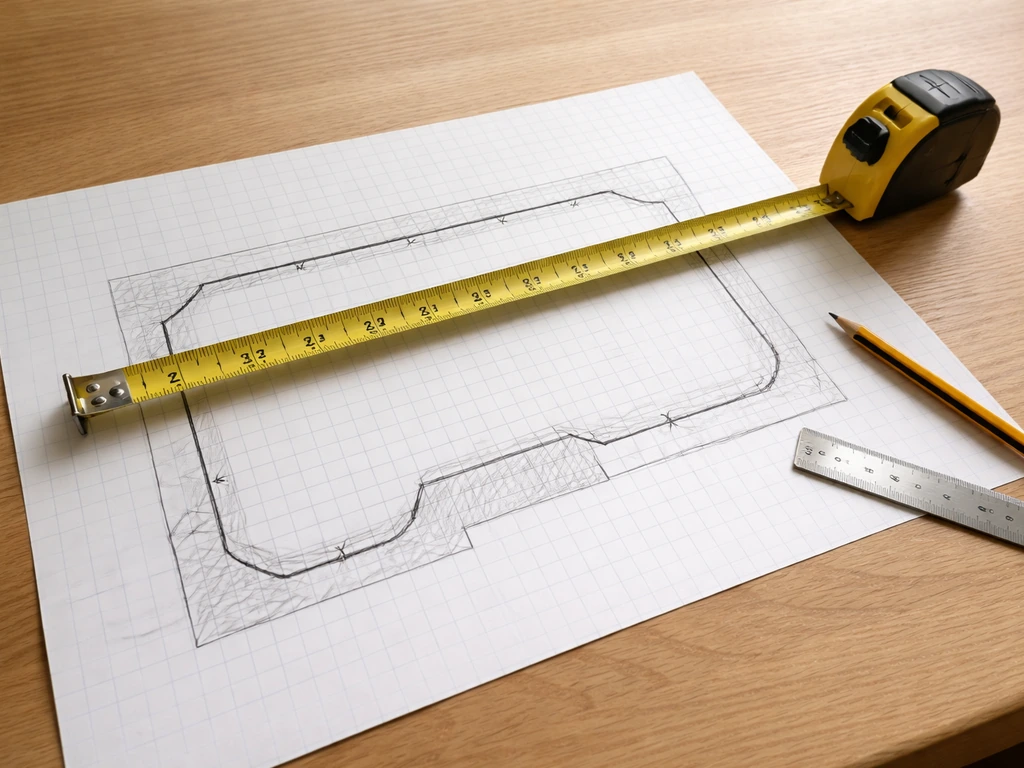Measuring tape laid over a simple graph-paper patio sketch with labeled nozzle mounting points
