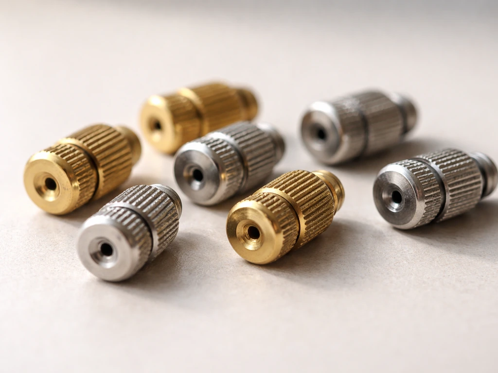 Macro close-up of brass and stainless patio misting nozzle tips showing different orifice sizes.