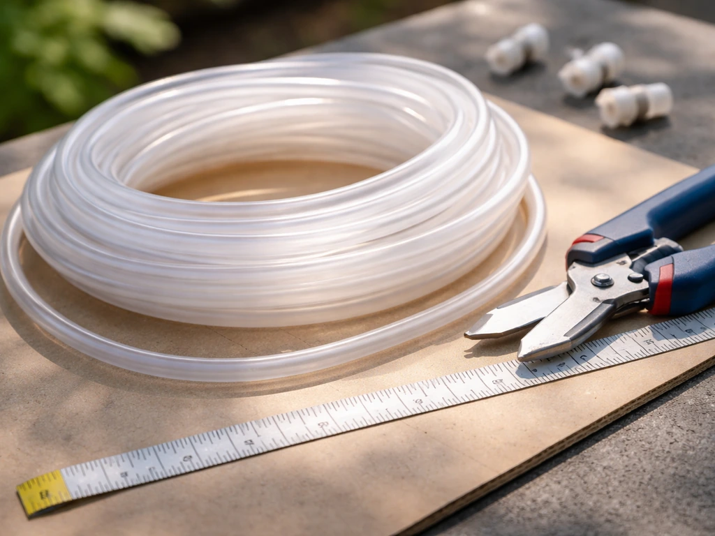 3/8-inch UV-stabilized misting tubing being measured and cut on a simple workbench.