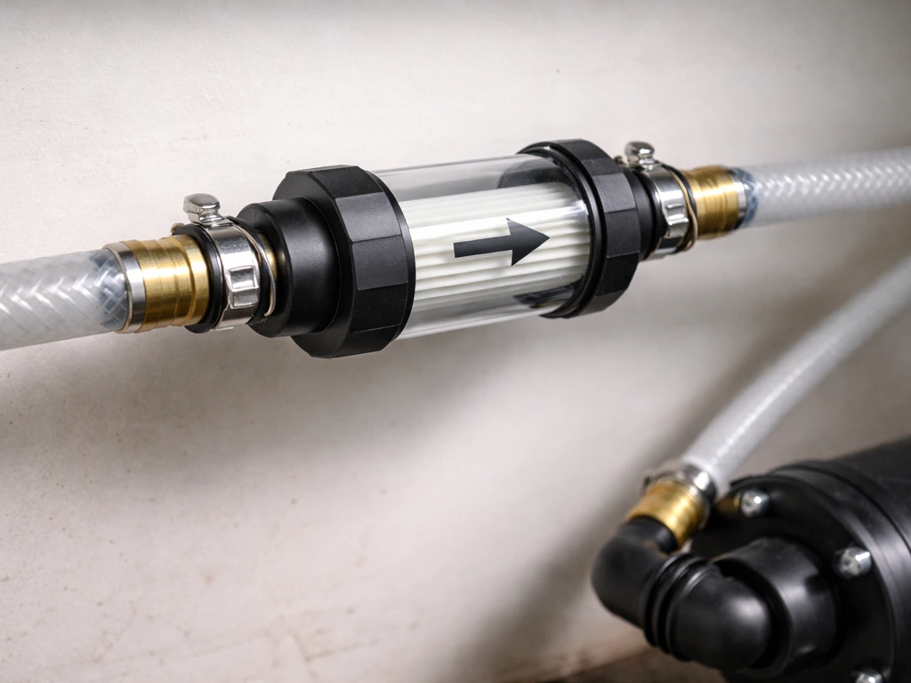 Close-up of an inline transparent sediment filter on a water line with flow direction ahead of a pump inlet.