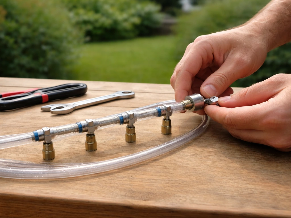 DIY hands tightening misting tubing fittings on a nozzle manifold line on a workbench.