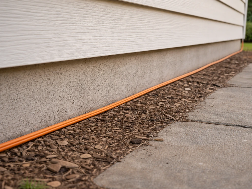 Close-up of an extension cord running flat along the house perimeter near the foundation.