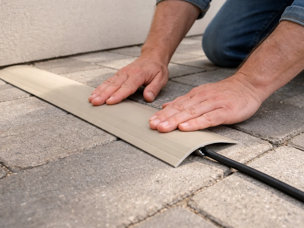 Hands press a flat beveled cord cover strip over a patio cable crossing, creating a smooth ramp.
