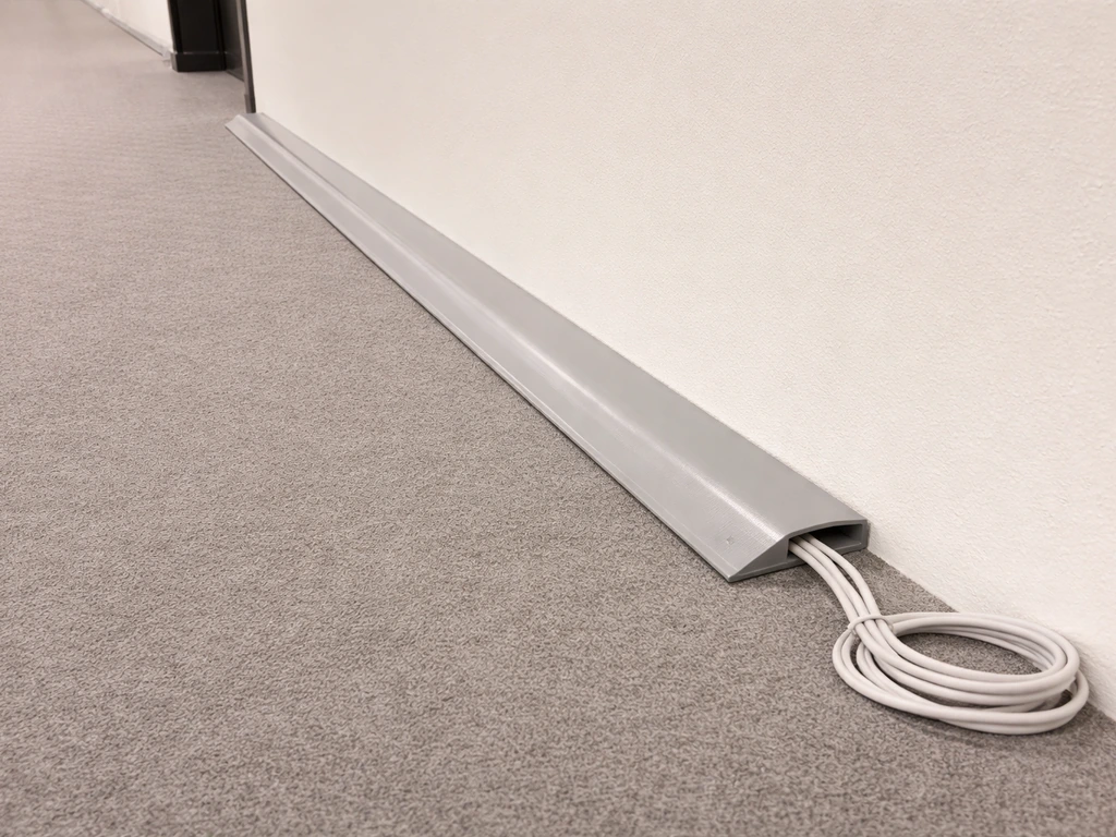Beveled floor cord cover flush to wall with neatly routed, uncoiled slack outside the cover.