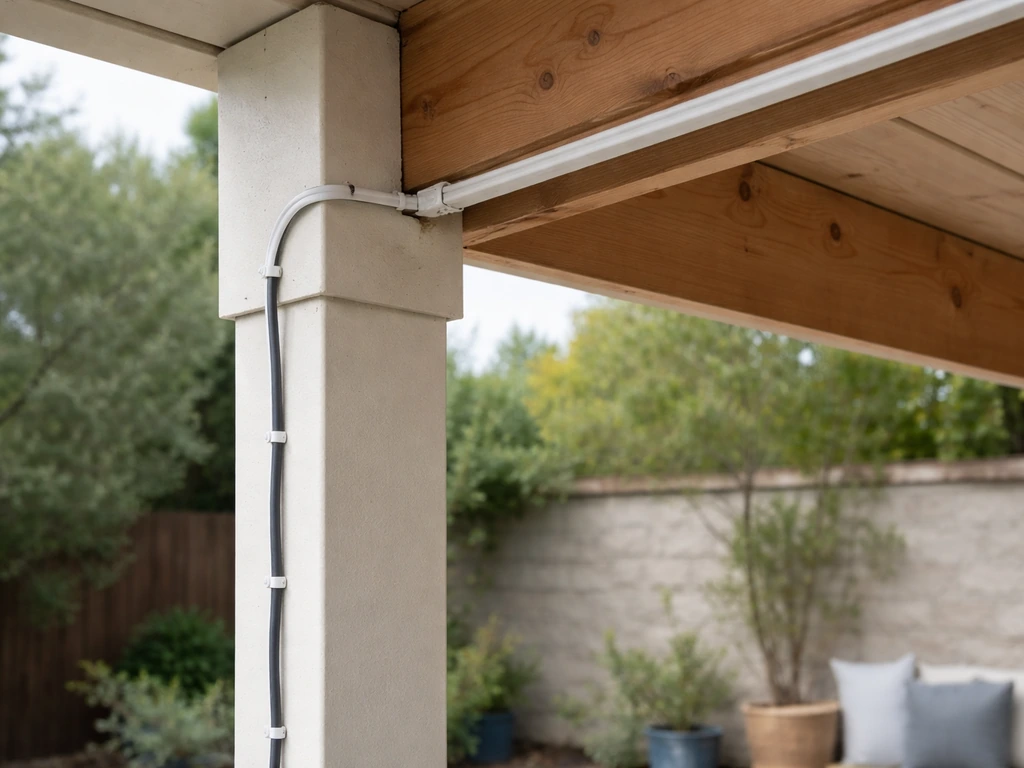 Outdoor patio cord routed up a post and along an overhead beam using clips and a PVC cable raceway.
