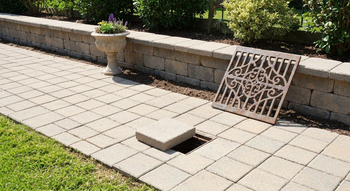 Patio where a matching paver inset blends into the paving; one paver is lifted to show the drain beneath.