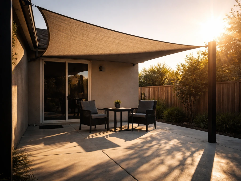 Golden-hour west-facing patio with a shade sail casting relief from low-angle sun.