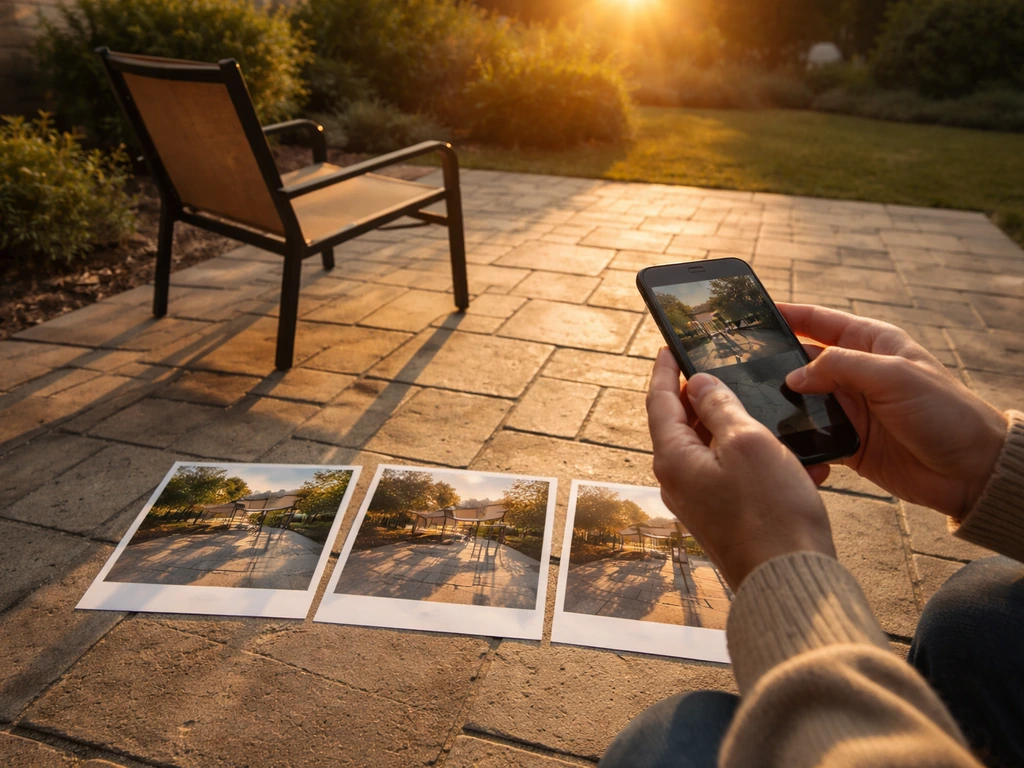 Anonymous homeowner on a west-facing patio, using a phone to capture changing sun and shadow angles.