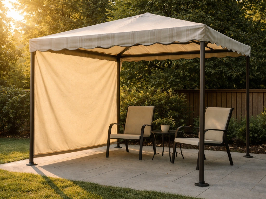 Freestanding market-style canopy with extended side panel shading a patio seating area in afternoon sun