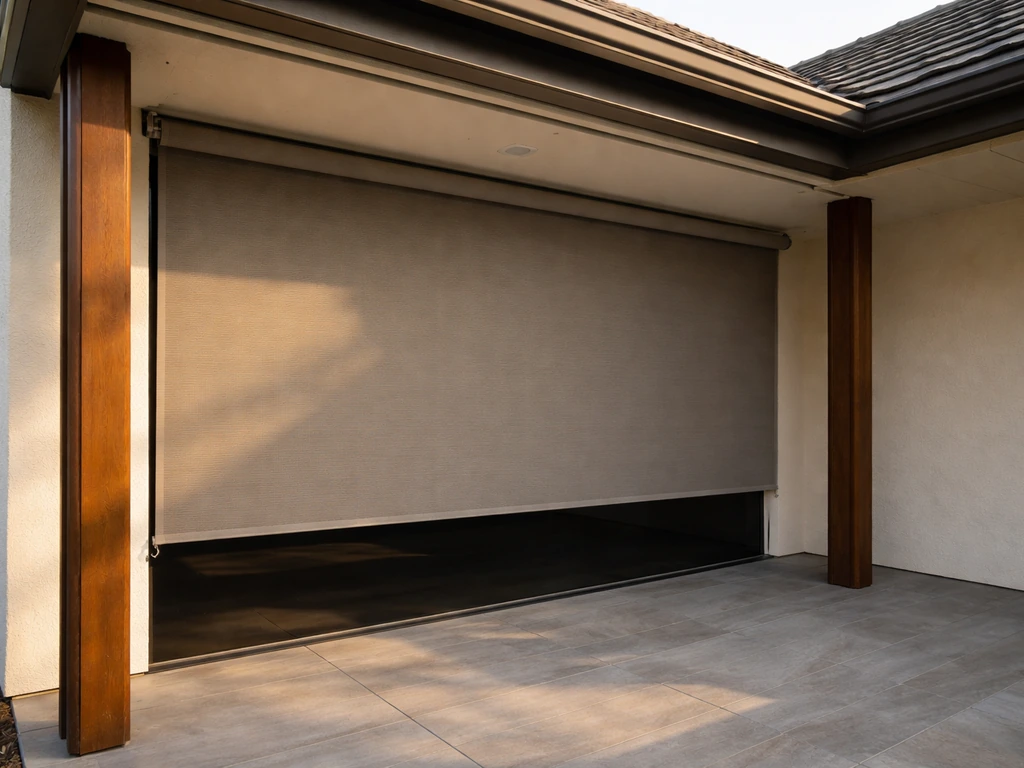 Outdoor roller shade rolled down under a patio roof overhang on the west side, blocking low afternoon sun.