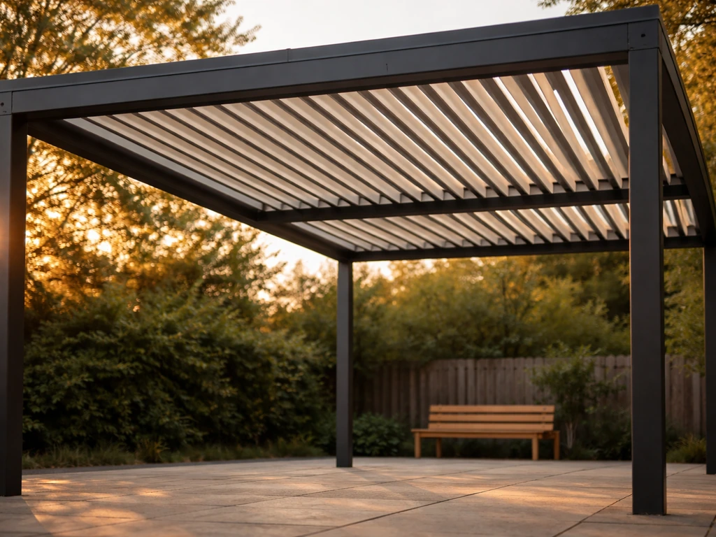 Louvered pergola over a patio with slats angled to block low western sun during sunset