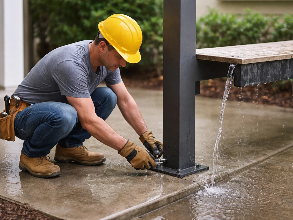 Contractor checks shade structure anchors while rainwater drains away from the installation edge