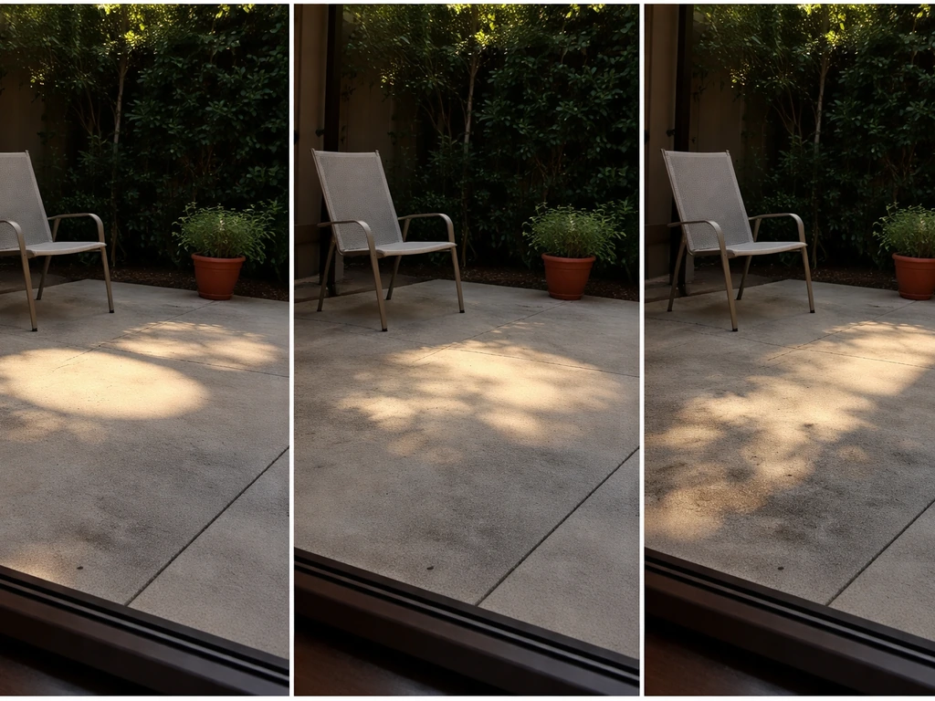 Backyard patio pavers with distinct west-sun light patches at different afternoon angles, no people.