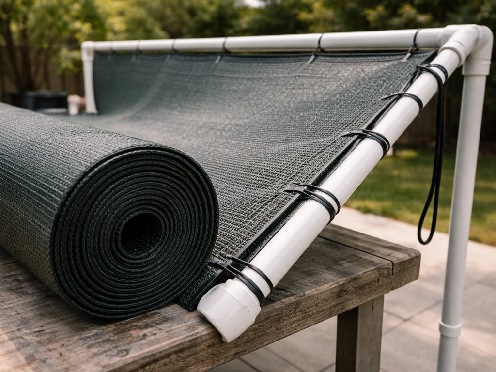 DIY scene with a roll of UV shade cloth zip-tied to a temporary frame outdoors.