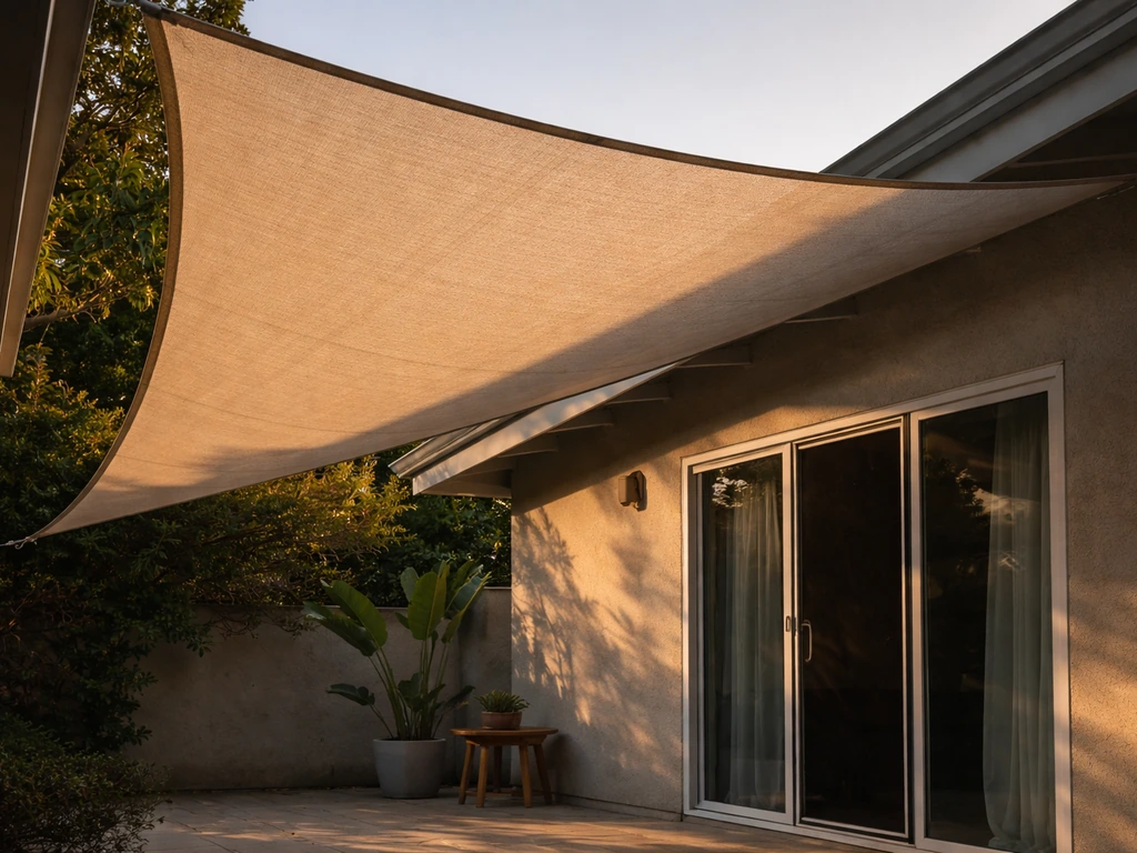 Asymmetrical shade sail tensioned overhead on a house patio, blocking low-angle west sun.