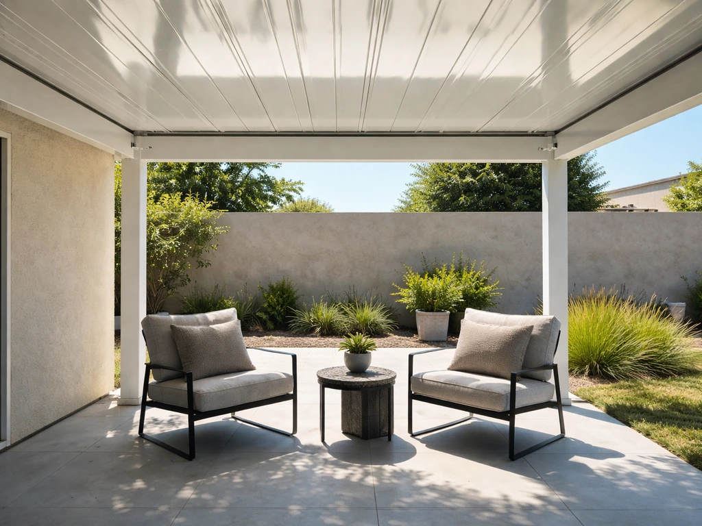 Solid patio cover with cool reflective roofing over a quiet outdoor seating area in bright sun