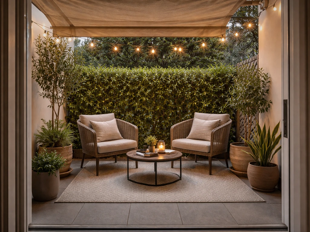 Cozy small apartment patio with seating zone, outdoor rug, string lights, and privacy shade detail