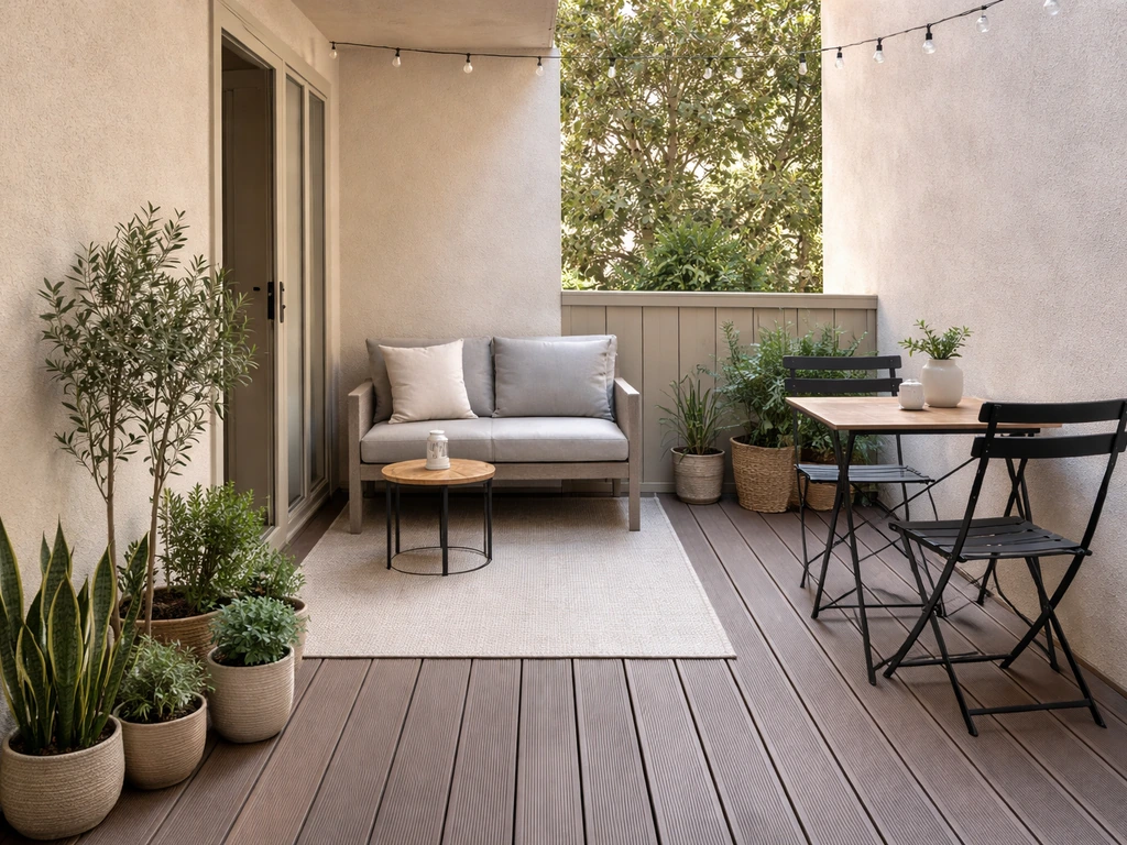 Small apartment patio with separated seating and dining areas and clear space between zones.