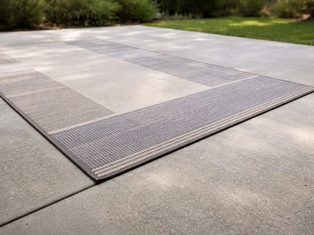 Outdoor rug laid on a freshly cleaned concrete patio floor, highlighting the surface upgrade.