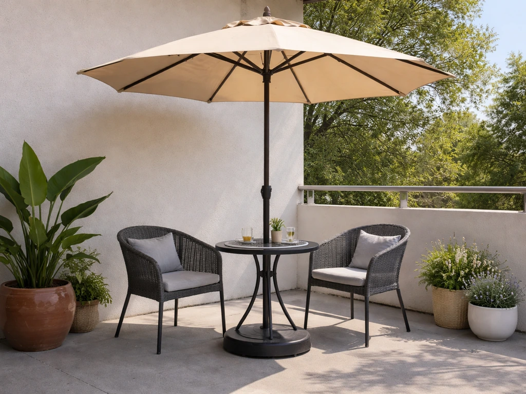 Freestanding weighted market umbrella shading a patio seating area without drilling into the building.