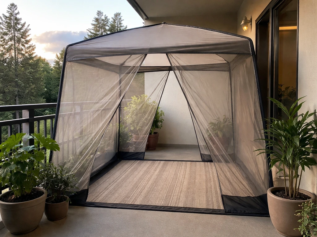 Removable mesh screen gazebo on an apartment patio, open for airflow and blocking bugs