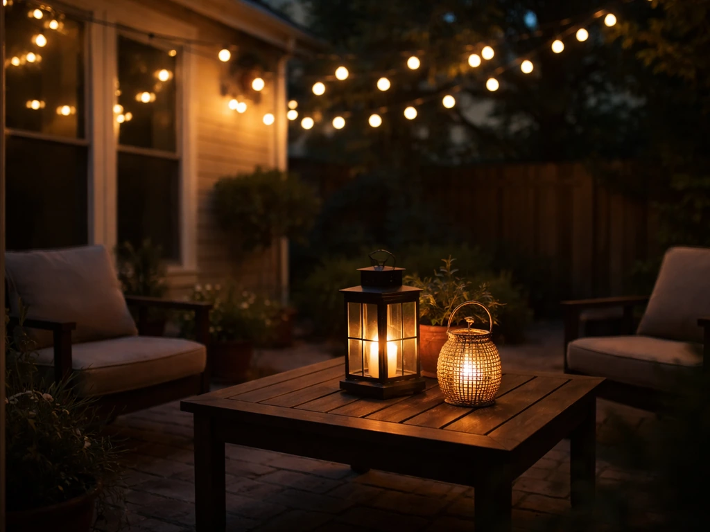 Cozy patio at dusk with warm string lights and a lantern glow creating an inviting evening mood.