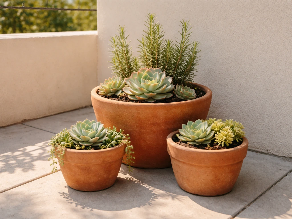 Sunlit patio planters with clustered succulents and rosemary greenery in earthy pots