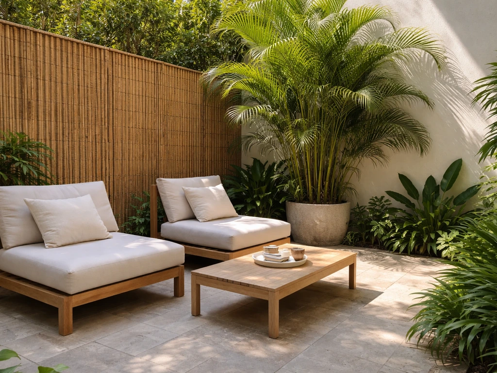 Minimal tropical patio with three zones—seating, privacy screen, and a tall palm focal point.