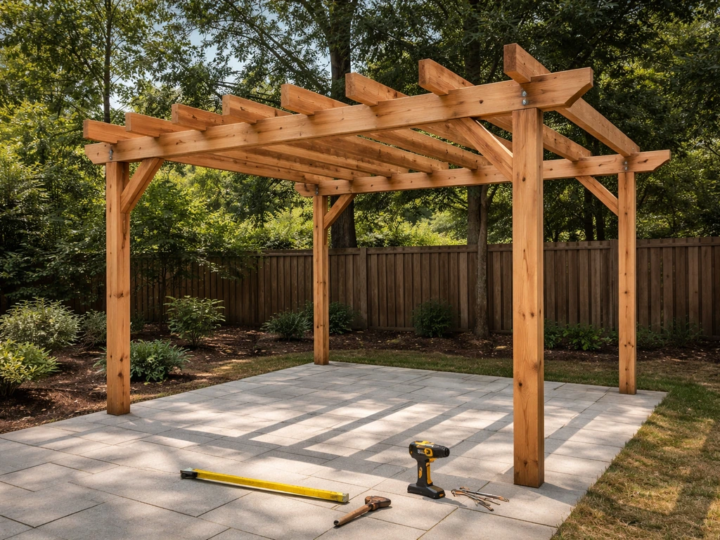Partially installed pergola frame over a patio with wood beams and rafters in place.