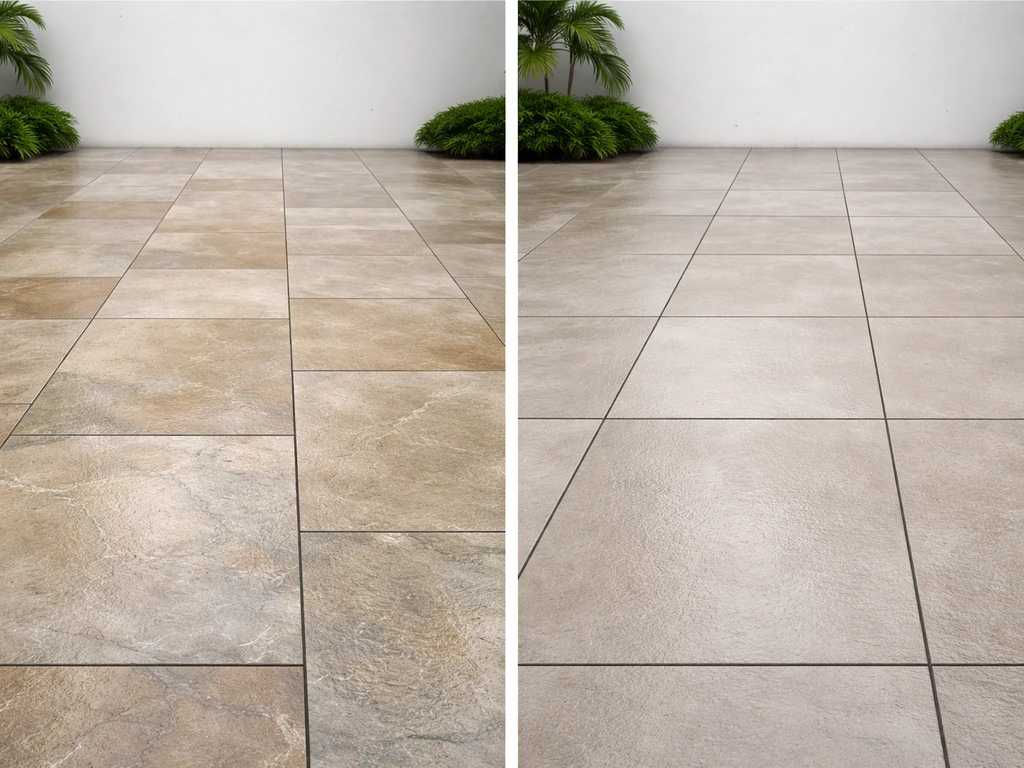 Close view of two outdoor flooring options side by side: natural stone pavers and matte porcelain tile.