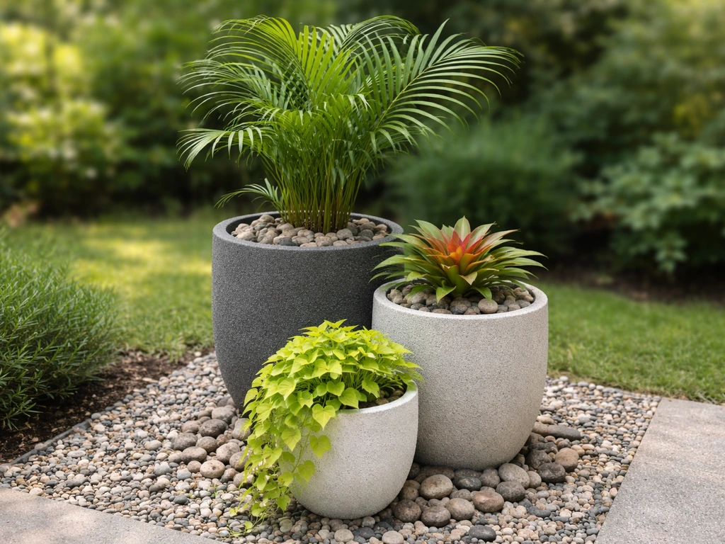 Close-up planting cluster of three mixed-height tropical planters with river rock mulch and trailing plant.