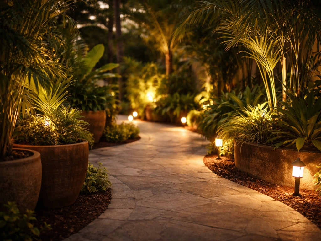 Warm path lights and planter accent lights glow on a tropical patio at evening.