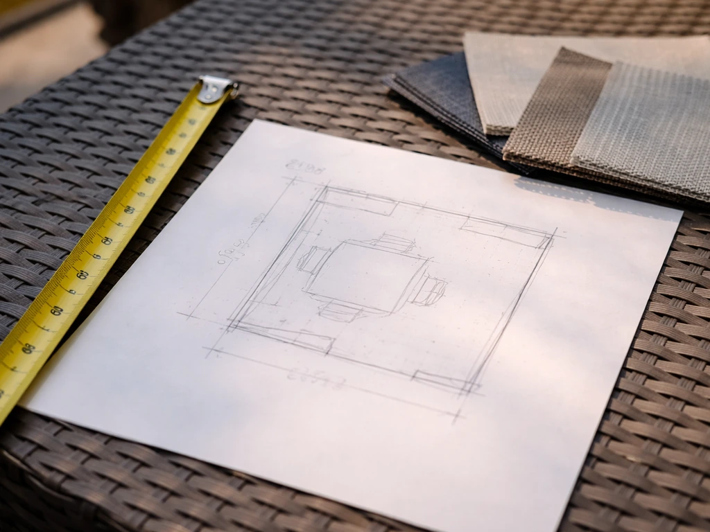 Measuring tape and hand-drawn patio plan with notes for accurate screen opening dimensions.